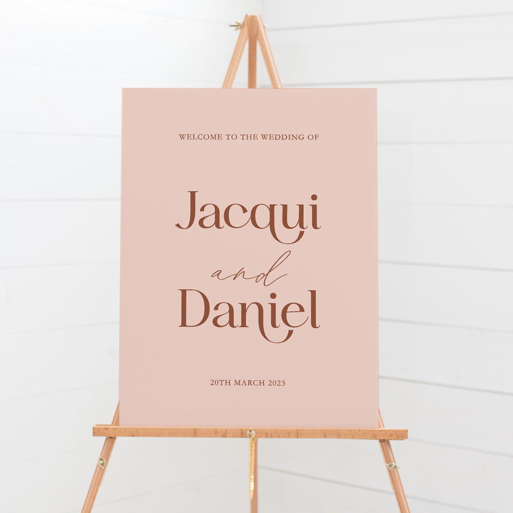 Wedding welcome sign, modern fonts in blush pink and white to sit on an easel.