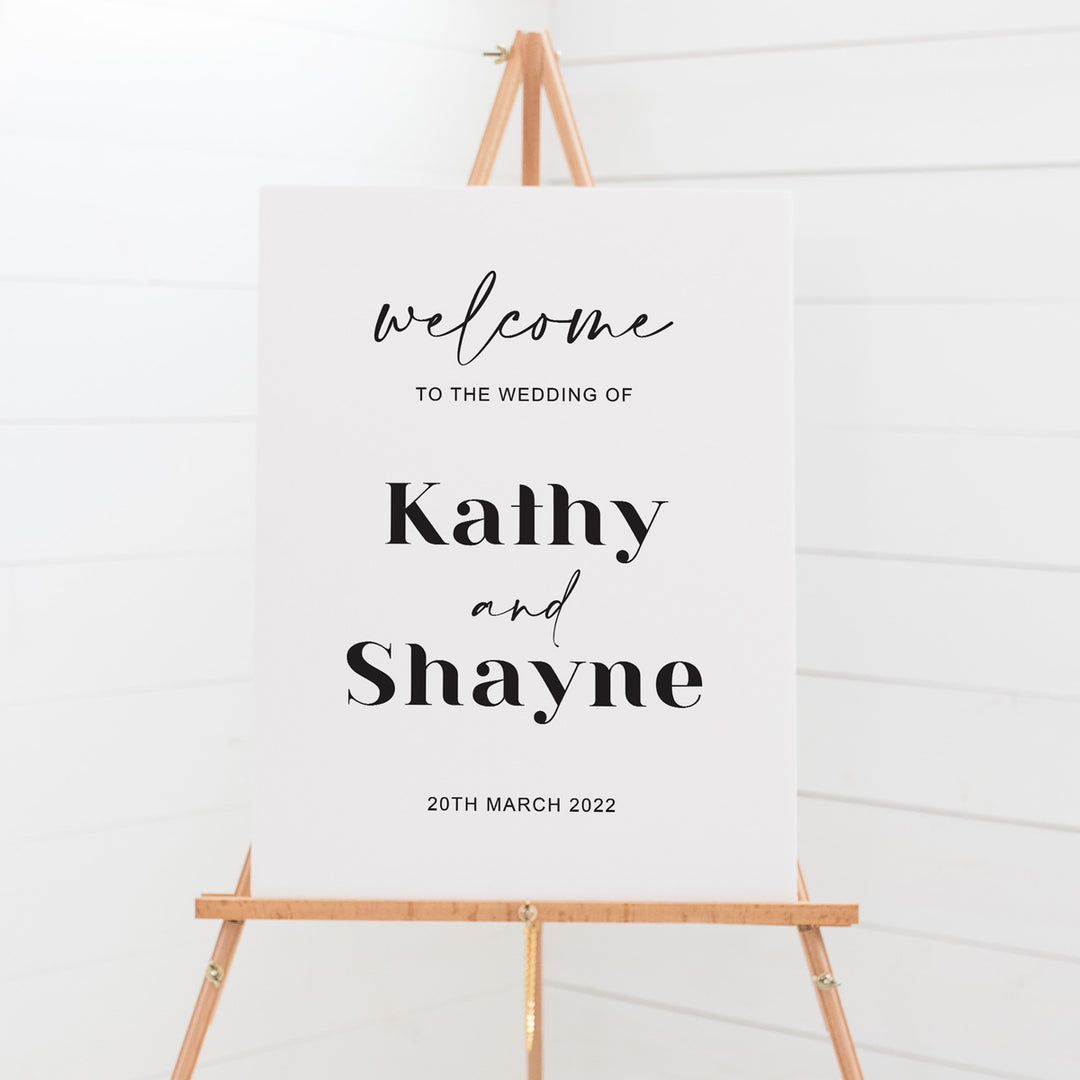 Modern bold wedding or event welcome sign, printed in Australia or Print Your Own budget wedding sign. Mounted to foam board.