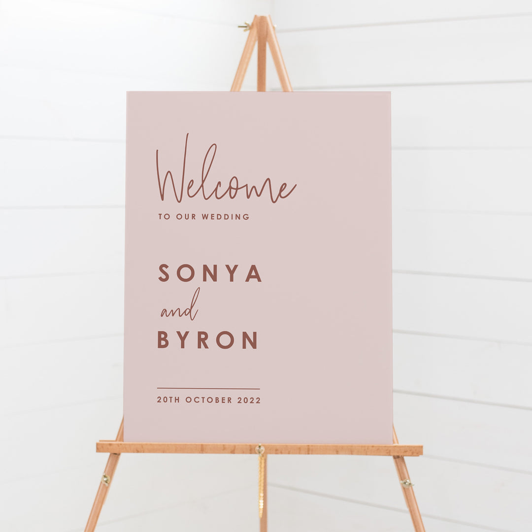 Modern wedding welcome sign designed and printed in Australia. Free shipping. Dusty pink welcome sign.