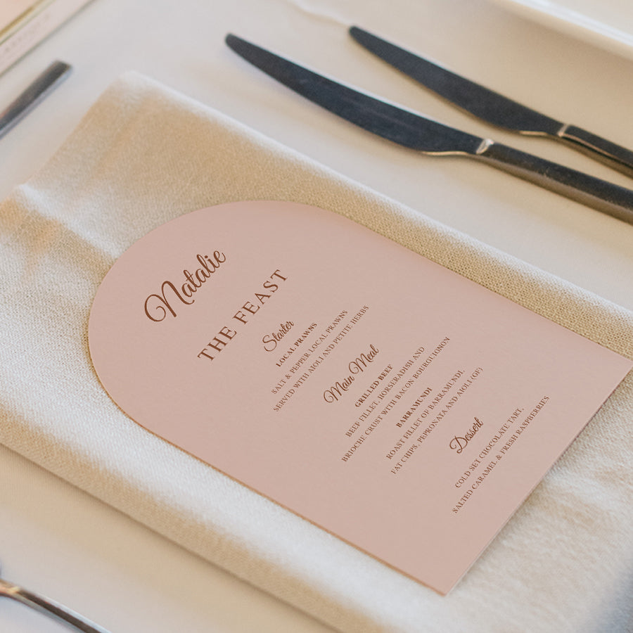 Soft pink wedding menu. Timeless collection design.