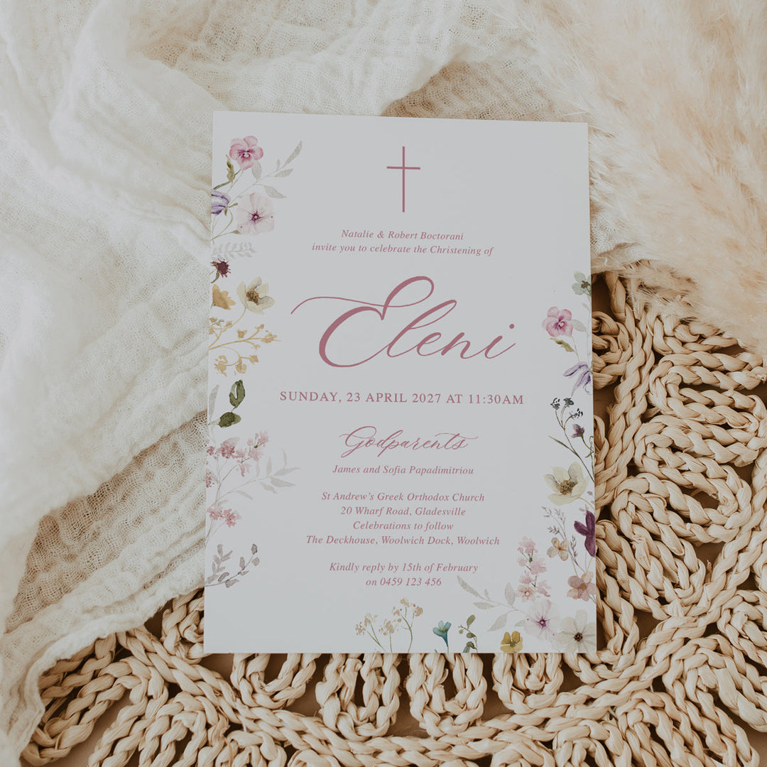 Beautiful girl pink Baptism Invitation with pretty watercolour flowers