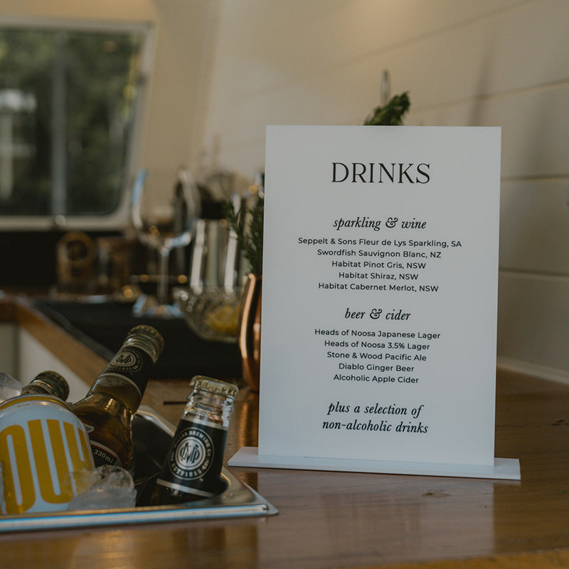 Modern minimal wedding bar sign with traditional fonts, self standing in black and white