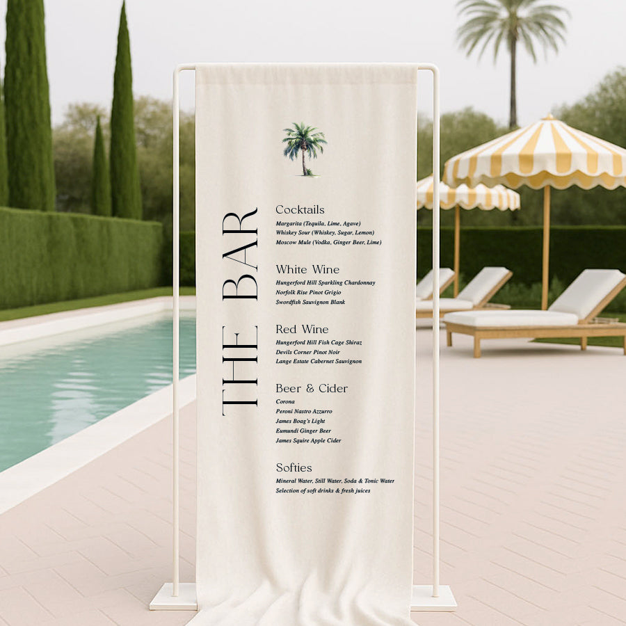 Tropical theme wedding bar sign printed on linen fabric