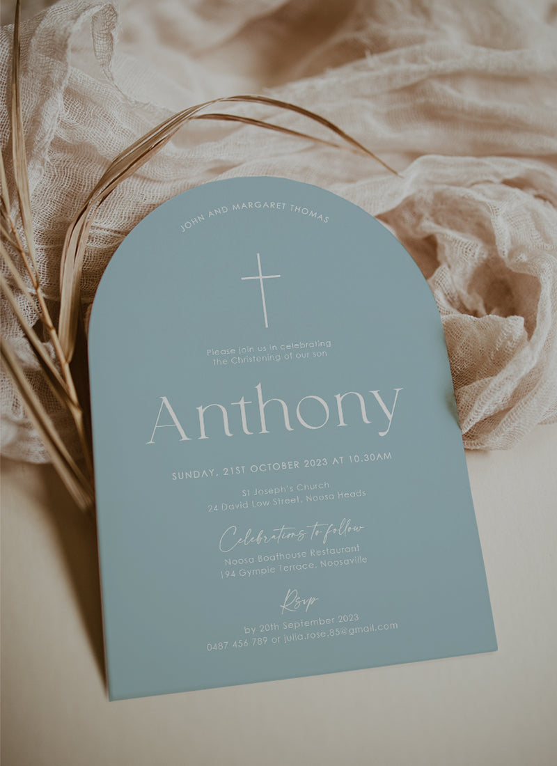Blue and white arch shape Baptism or Christening invitation for little boy