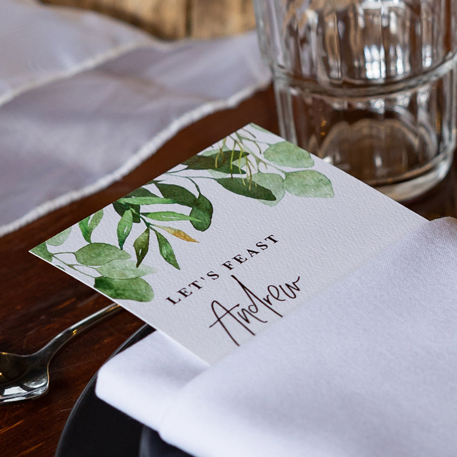Wedding menu with leaves and modern font