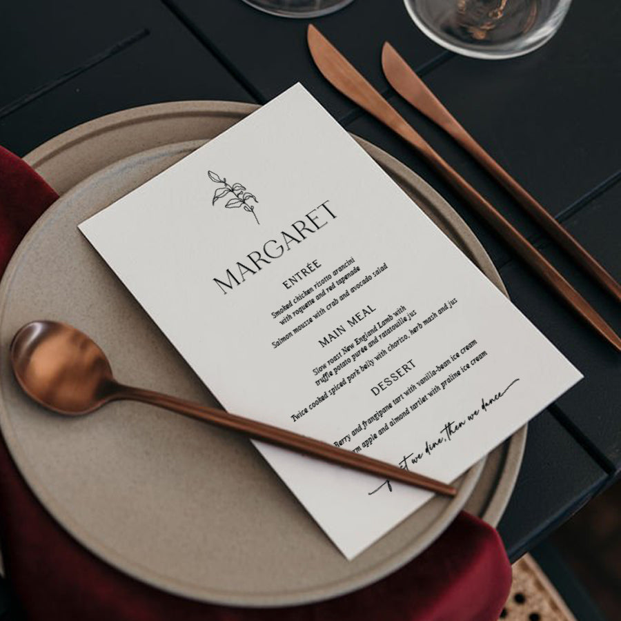 Hand drawn leaf wedding menu with calligraphy