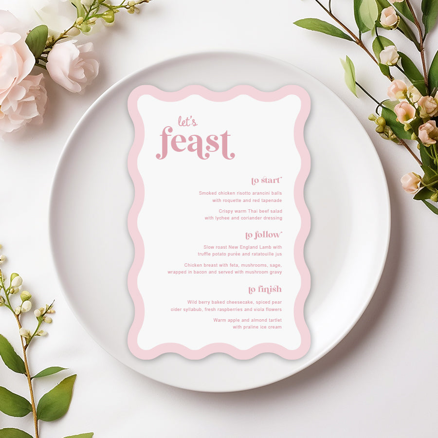 Retro Felicity wedding menu in pink and white