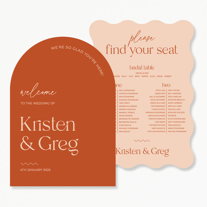 Modern wedding welcome sign and seating chart discounted package in peach and burnt orange and arch wavy shape. Peach Perfect Australia.