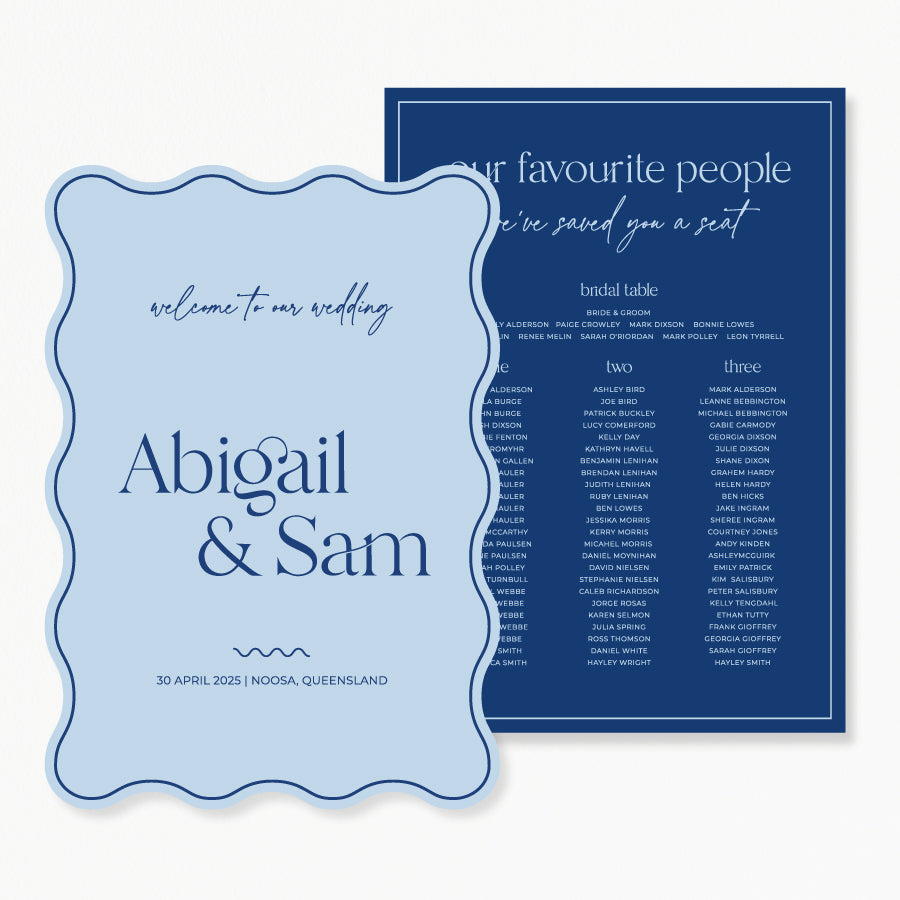 Modern wedding welcome sign and seating chart discounted package in blue. Our favourite people.
