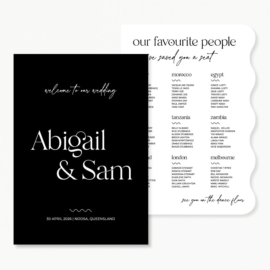 Modern wedding welcome sign and seating chart discounted package in black and white. Peach Perfect Australia.