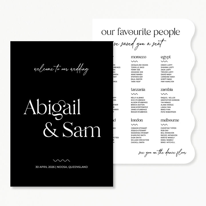 Modern wedding welcome sign and seating chart discounted package in black and white. Peach Perfect Australia.
