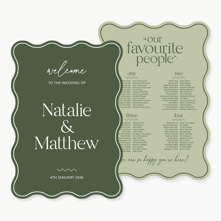 Modern wedding welcome sign and seating chart discounted package in green and wavy shape laser cut. Peach Perfect Australia.