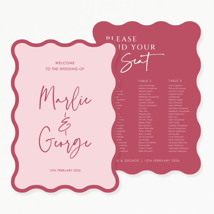 Modern wedding welcome sign and seating chart discounted package, printed in Australia in wavy shape.