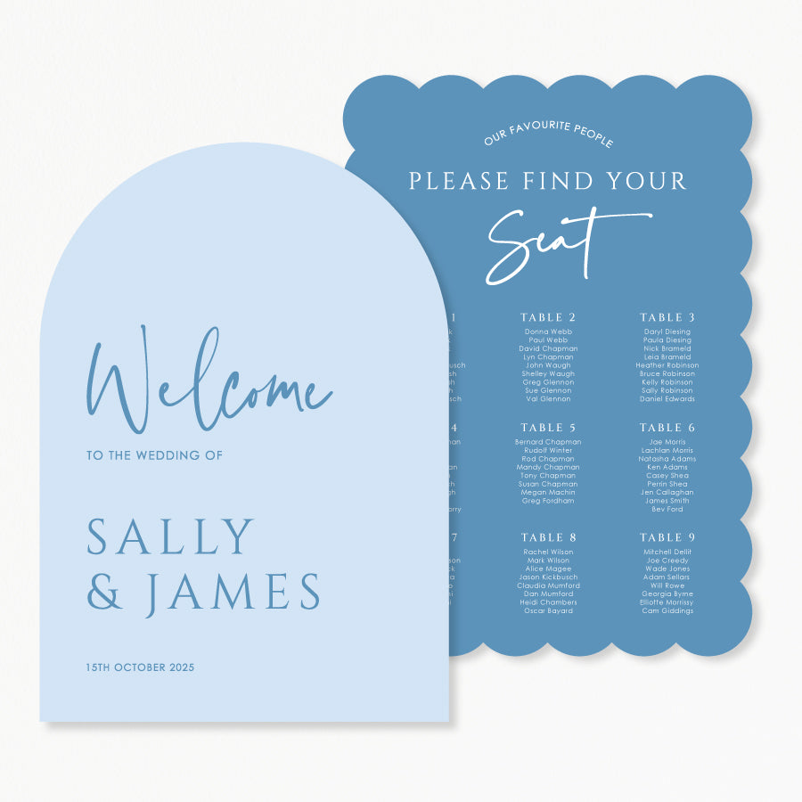 Modern wedding welcome sign and seating chart discounted package, printed in Australia in arch and scallop shape.