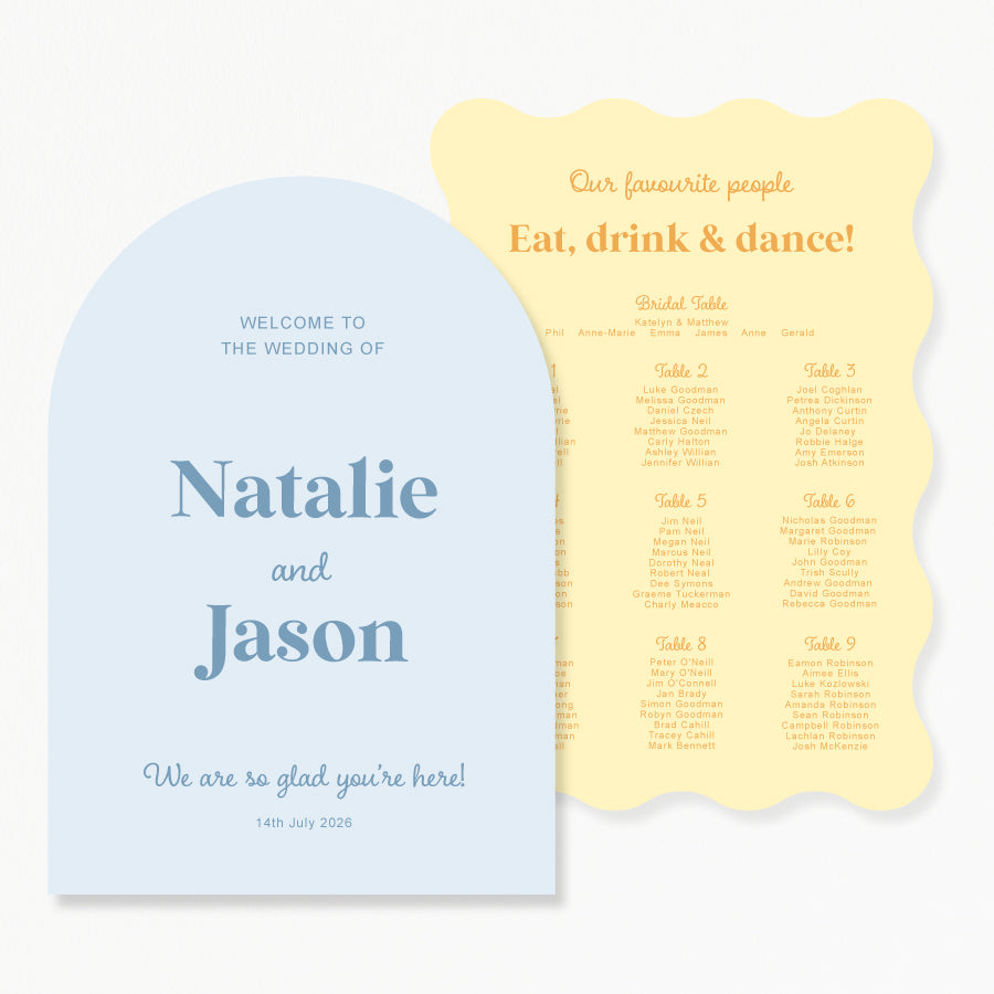 Modern wedding welcome and seating chart discounted bundle in yellow and blue. Designed and printed in Australia.
