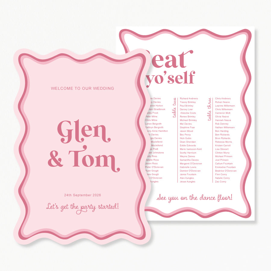 Funky shape wedding welcome and seating chart discounted bundle. Designed and printed in Australia.