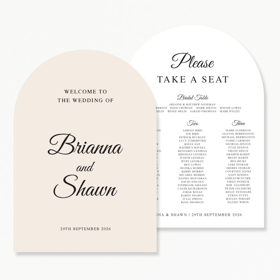 Discounted package wedding welcome sign and seating chart in arch shape and neutral colour palette. Professionally printed in Australia.