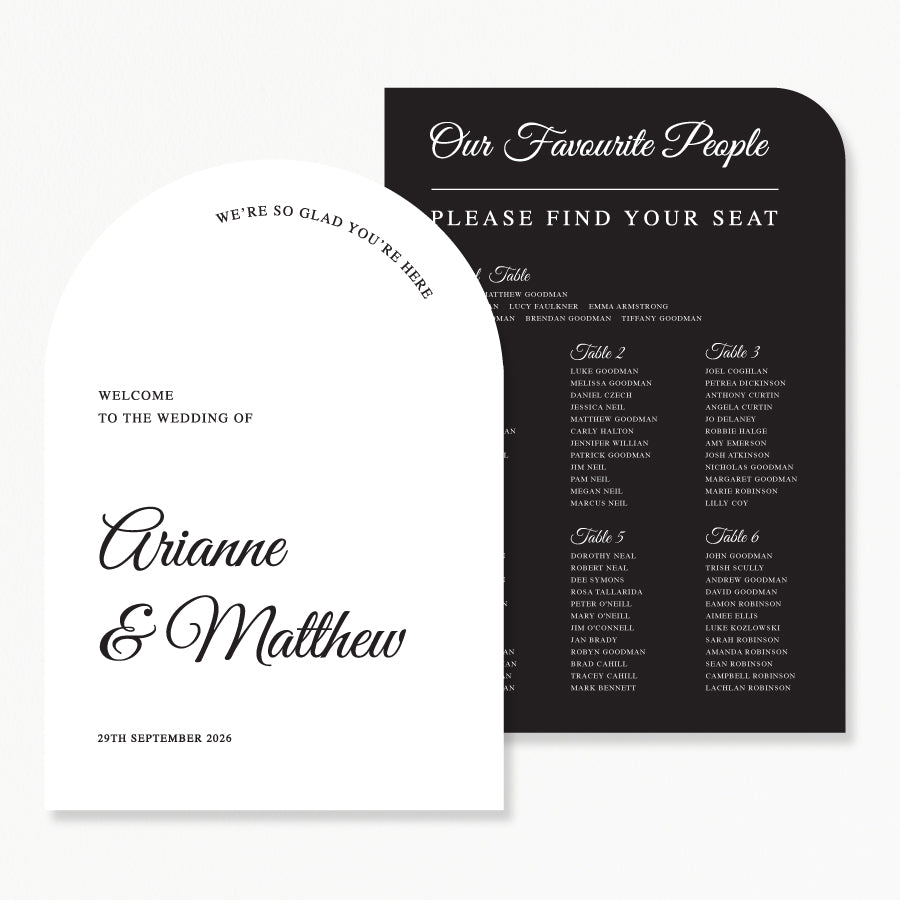 Discounted package wedding welcome sign and seating chart in arch shape and timeless black and white. Professionally printed in Australia.