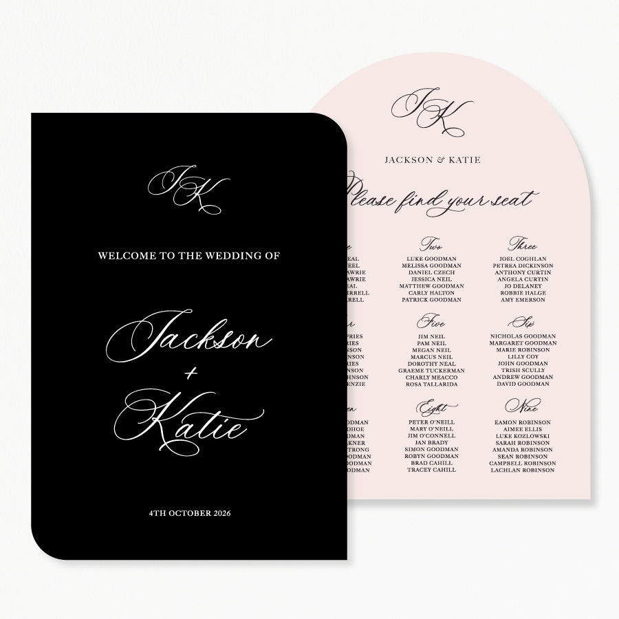 Calligraphy wedding welcome and seating chart discounted signage  package Australia in almond and black