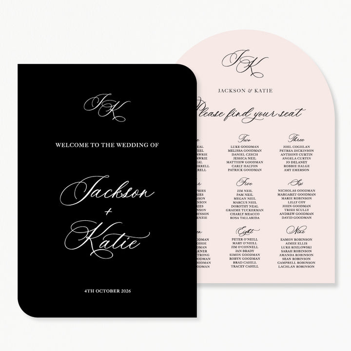 Calligraphy wedding welcome and seating chart discounted signage  package Australia in almond and black