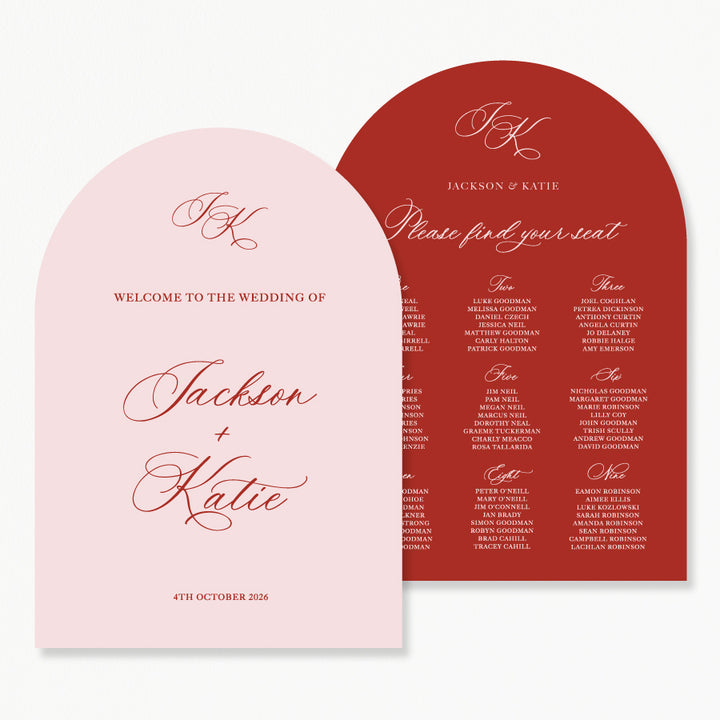 Arch shape calligraphy wedding welcome and seating chart discounted signage  package Australia in pink and red