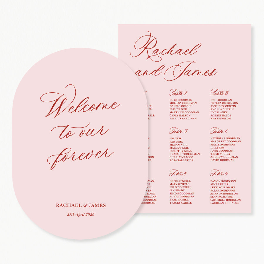 Calligraphy wedding welcome and seating chart discounted signage  package Australia in pink and red