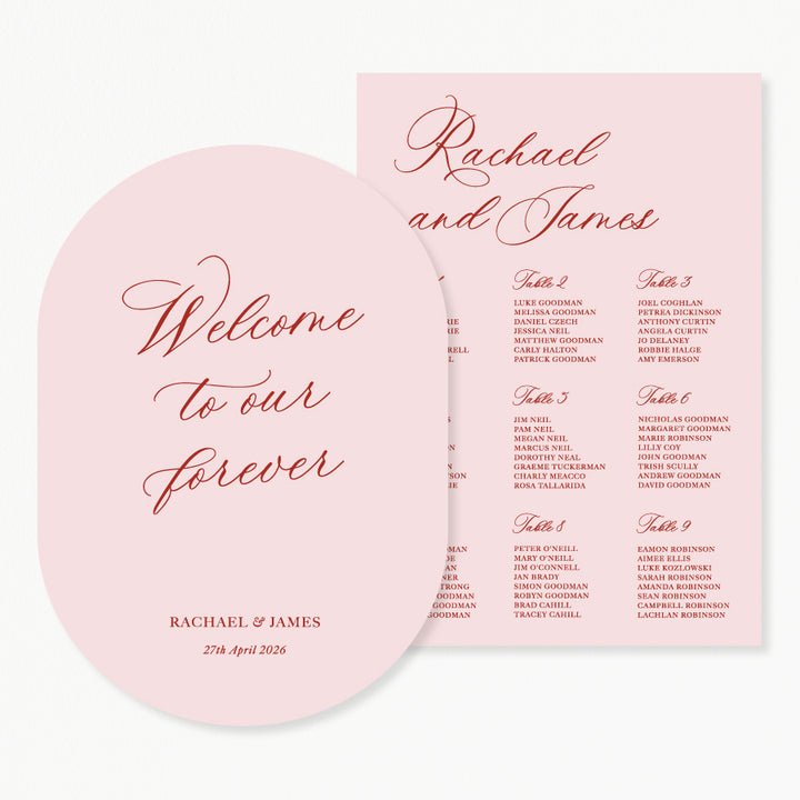 Calligraphy wedding welcome and seating chart discounted signage  package Australia in pink and red