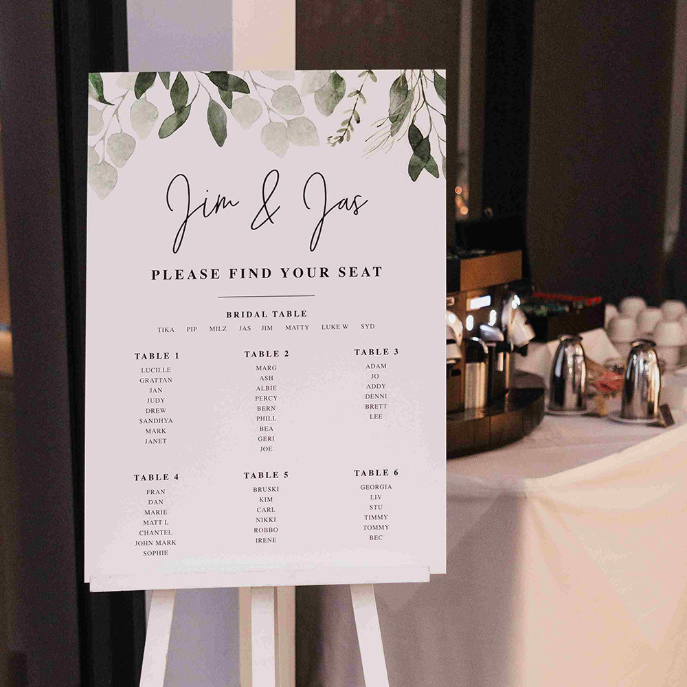 Wedding seating chart on PVC board or acrylic on an easel, designed and printed in Australia