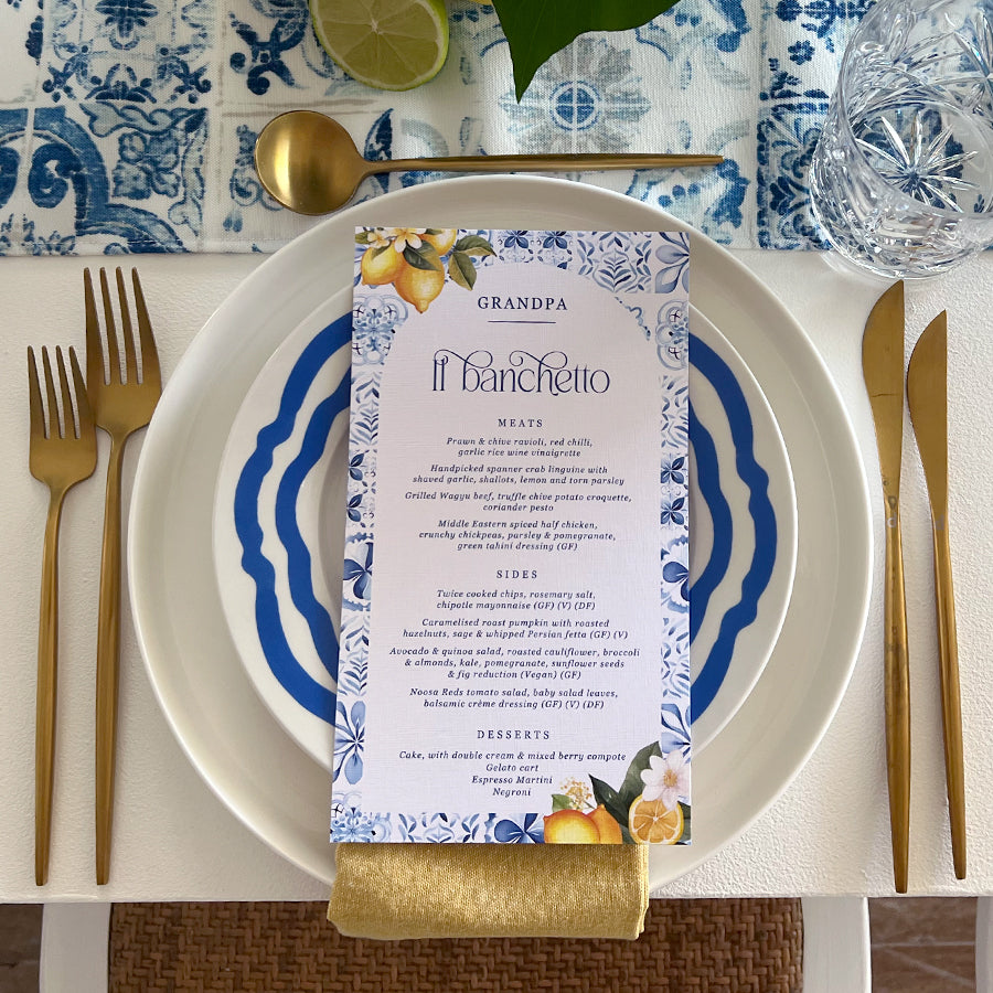 Wedding invitation sample pack. Amalfi blue and lemon wedding menu.Peach Perfect Stationery Designs Australia.
