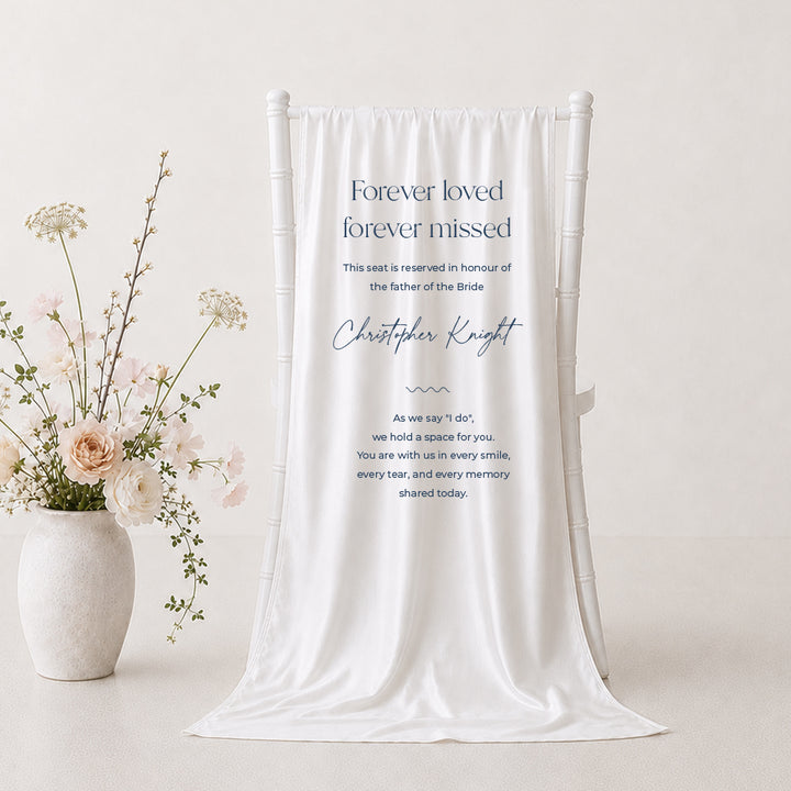 Reserved Memorial sign for weddings printed on white linen or satin fabric in Australia in navy blue and white