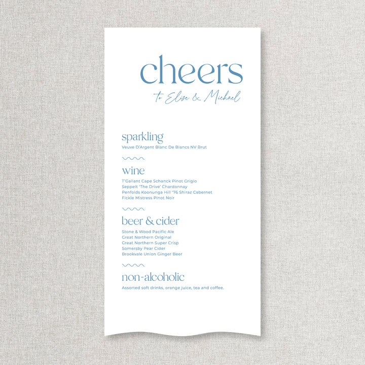 Modern wedding bar sign printed on linen or satin material in Australia. Cheers heading in blue and white.