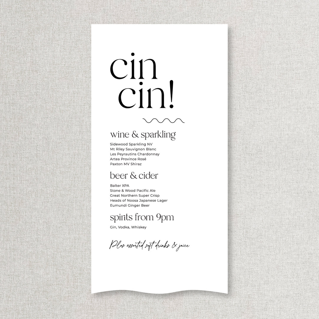 Modern wedding bar sign printed on linen or satin material in Australia. Cin cin heading.