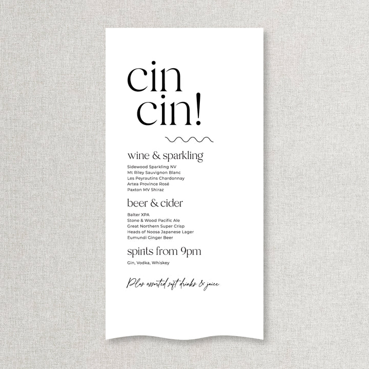 Modern wedding bar sign printed on linen or satin material in Australia. Cin cin heading.