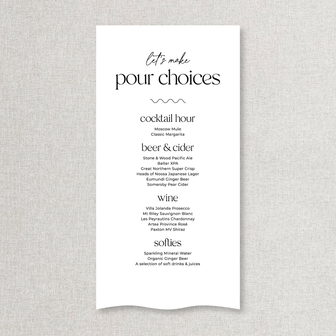 Modern wedding bar sign printed on linen or satin material in Australia. Lets make pour choices heading.
