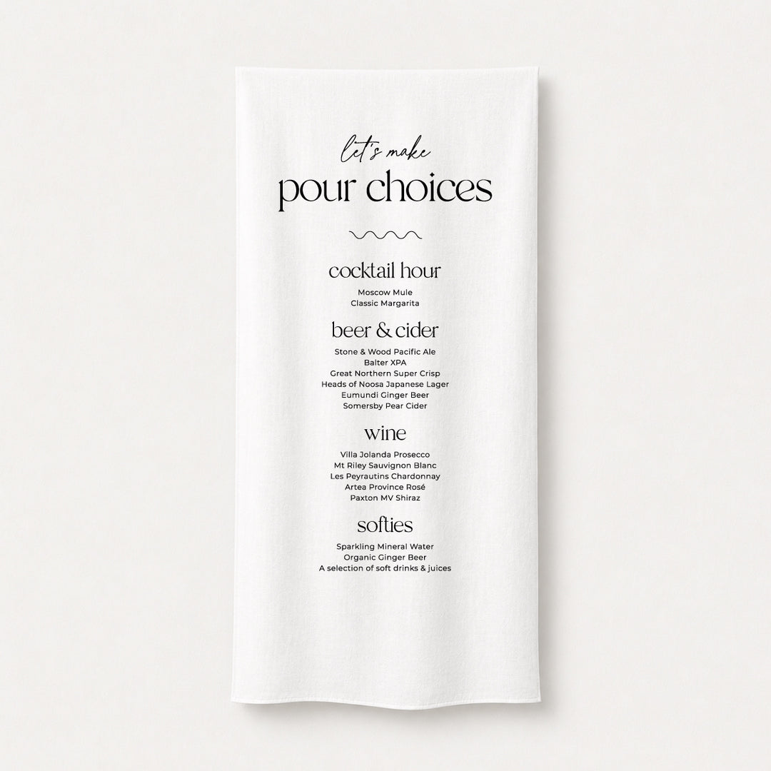 Modern wedding bar sign printed on linen or satin fabric featuring the playful heading "Let&