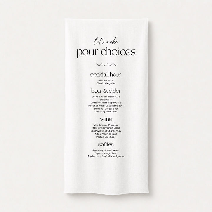 Modern wedding bar sign printed on linen or satin fabric featuring the playful heading "Let&