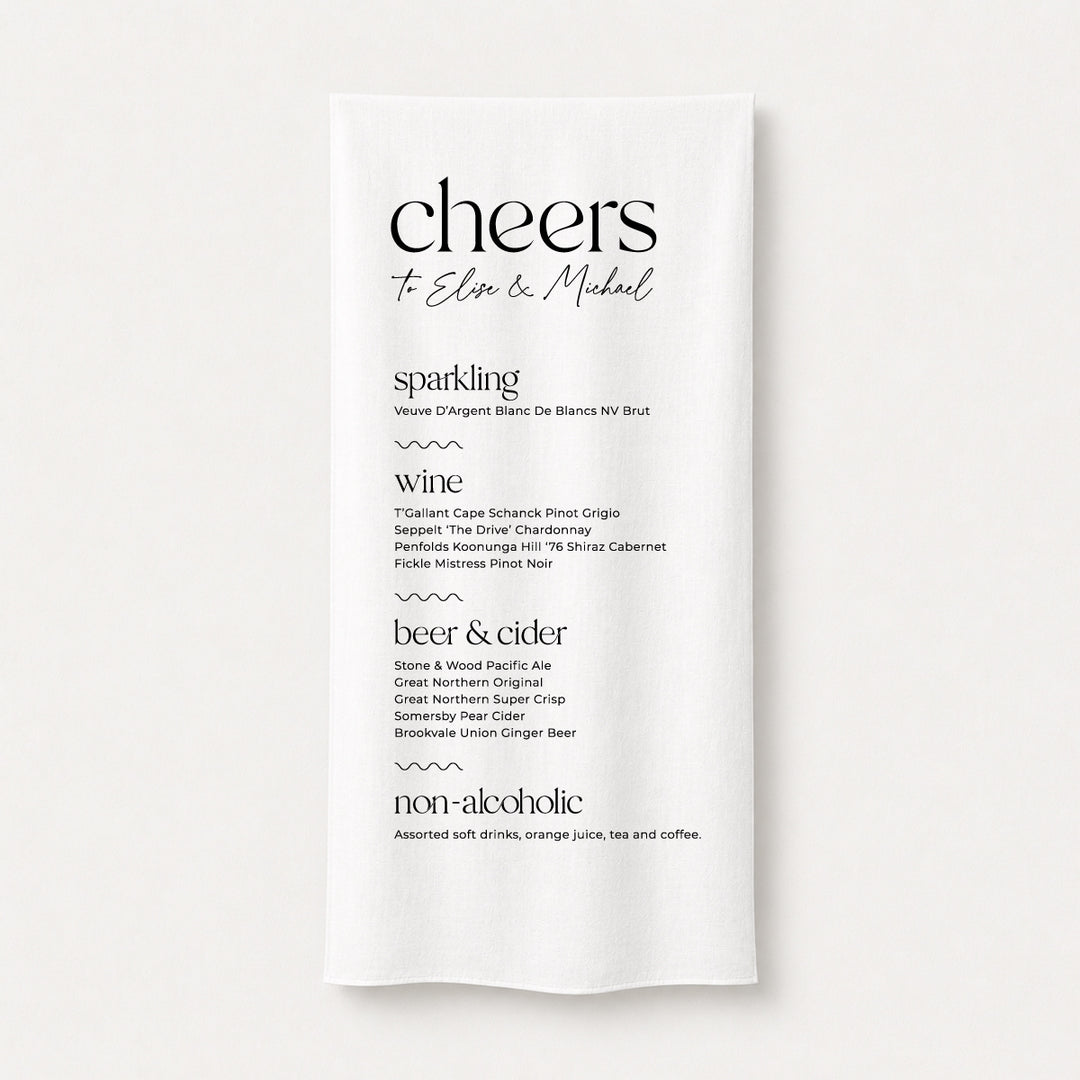Modern wedding bar sign printed on linen or satin fabric featuring the playful heading "Cheers" with cocktail, beer, wine and soft drink menu. Designed and printed in Australia.