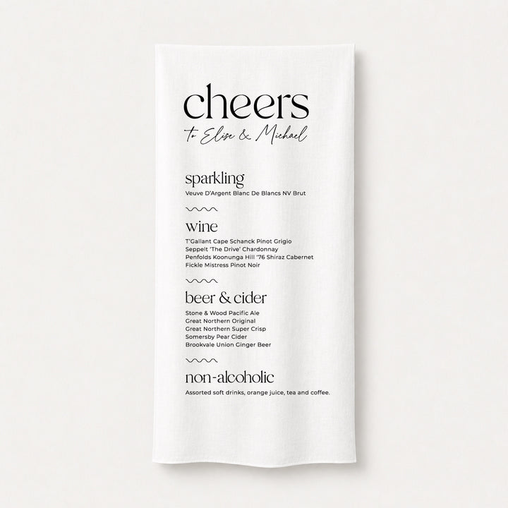 Modern wedding bar sign printed on linen or satin fabric featuring the playful heading "Cheers" with cocktail, beer, wine and soft drink menu. Designed and printed in Australia.