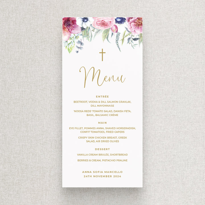 Floral baptism or christening menu with cross. Designed and printed in Australia.