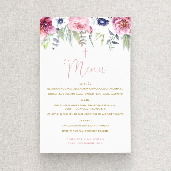 Floral baptism or christening menu with cross. Designed and printed in Australia.