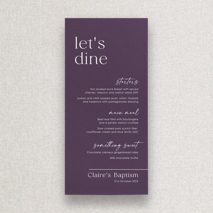 Modern Baptism or Christening menu in deep plum colour with lets dine as the heading