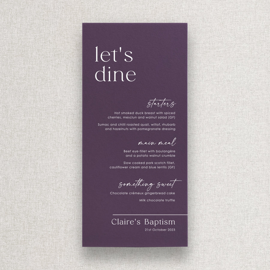 Modern Baptism or Christening menu in deep plum colour with lets dine as the heading