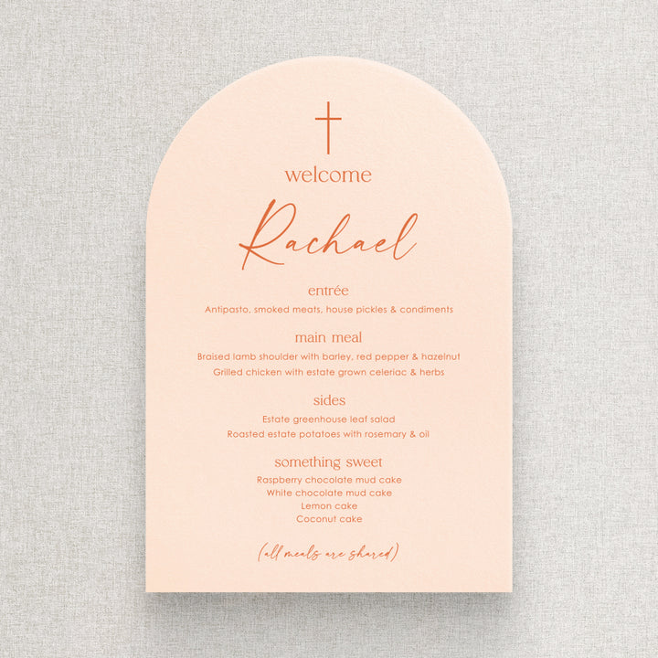 Modern Baptism arch shape menu in dusky peach and burnt orange. Bold colours. Guest names printed on each menu.