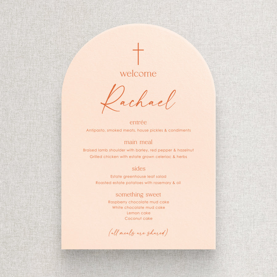 Modern Baptism arch shape menu in dusky peach and burnt orange. Bold colours. Guest names printed on each menu.