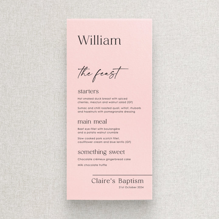 Modern baptism or christening menu with guest names printed at the top in soft pink.