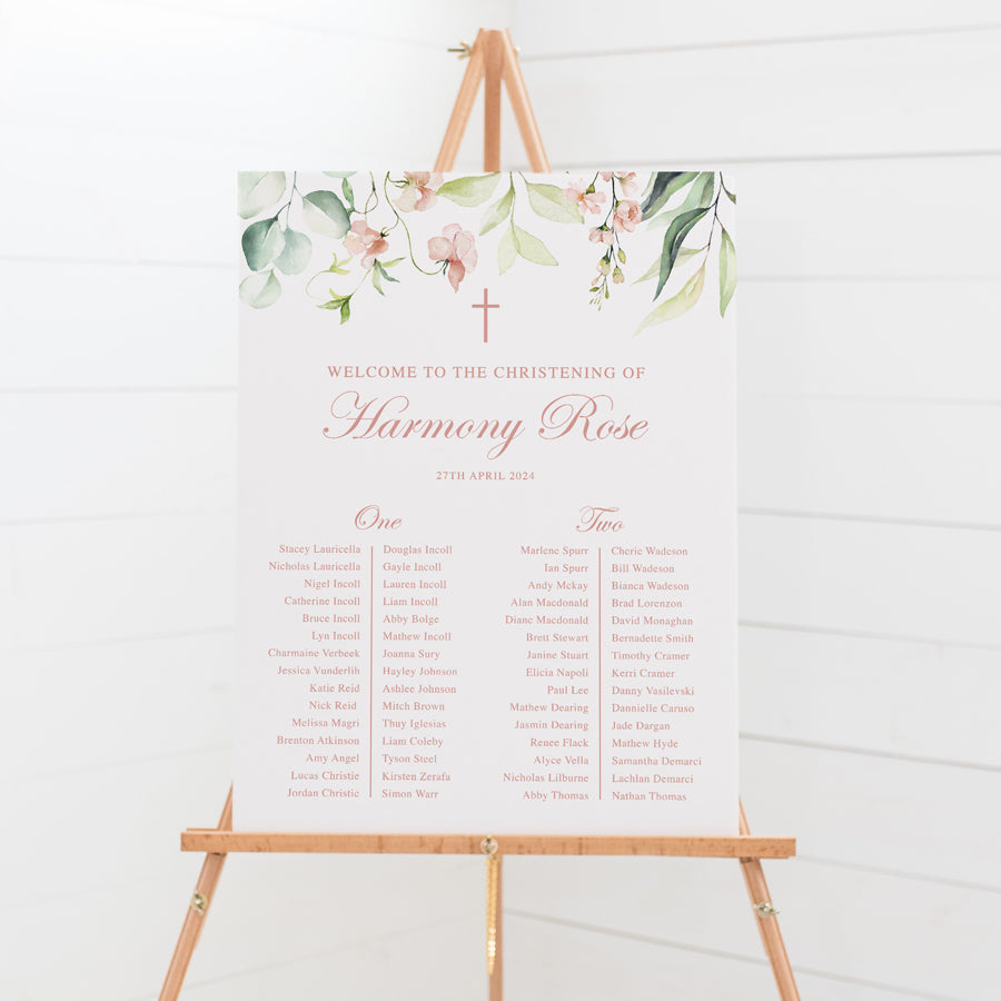 Girl Baptism or Christening seating plan with soft pink florals and green leaves. Printed on foamboard or printable Baptism chart.