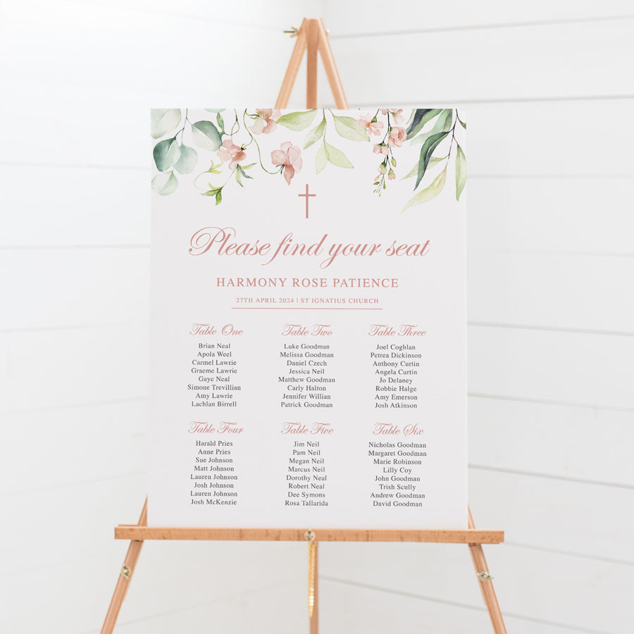 Girl Baptism or Christening seating plan with soft pink florals and green leaves. Printed on foamboard or printable Baptism chart.