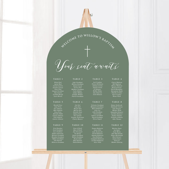 Girl arch Baptism or Christening seating plan in seedling green and white with catholic cross. Printed in Australia on PVC foamboard.