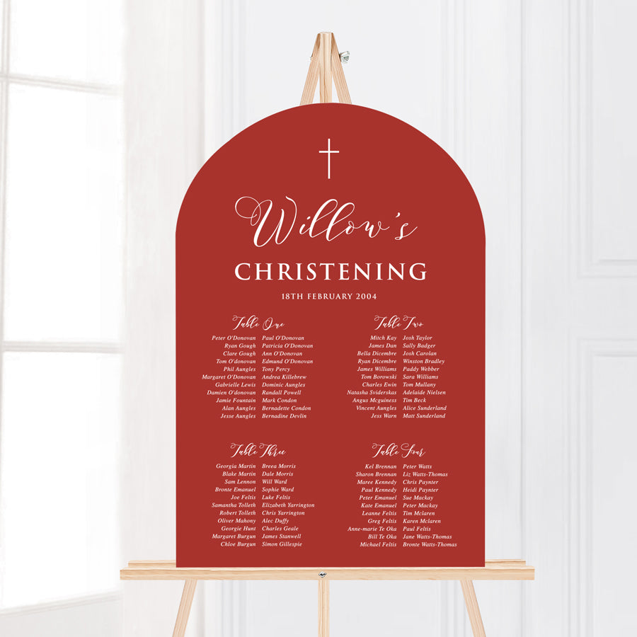 Girl arch Baptism or Christening seating plan in bold deep rouge red and white with catholic cross. Printed in Australia on PVC foamboard.