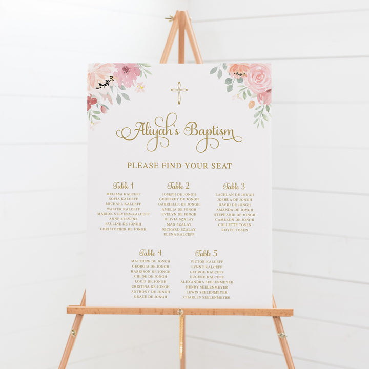 Baptism or Christening Seating Plan with gold cross and pink florals for little girl.